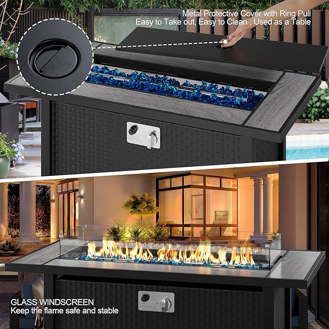 Walsunny 45 inch Outdoor Propane Fire Pit 50,000 BTU Gas Fire Pit Table with Lid, Glass Wind Guard, Waterproof Cover, Rectangle Gas Firepit Table for Garden/Patio, CSA Certification