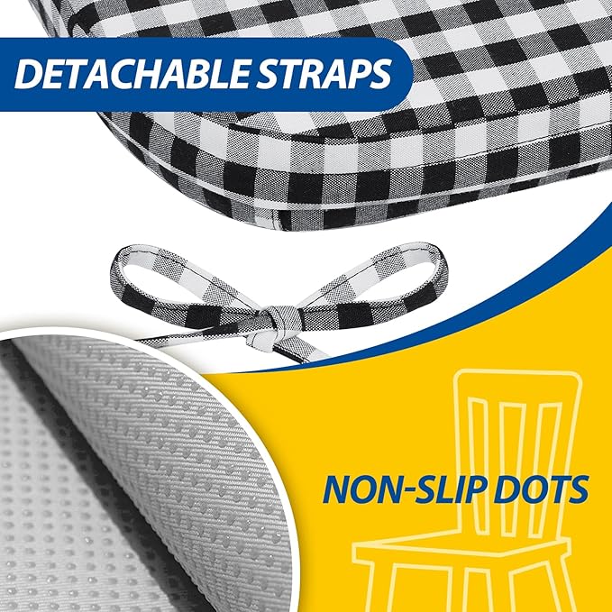 AAAAAcessories D-Shaped Chair Cushions, 2" Thick Dining Chair Pads with Ties and Removable, Machine-Washable Cover, 17" x 16", Set of 6, Checkered Black/White