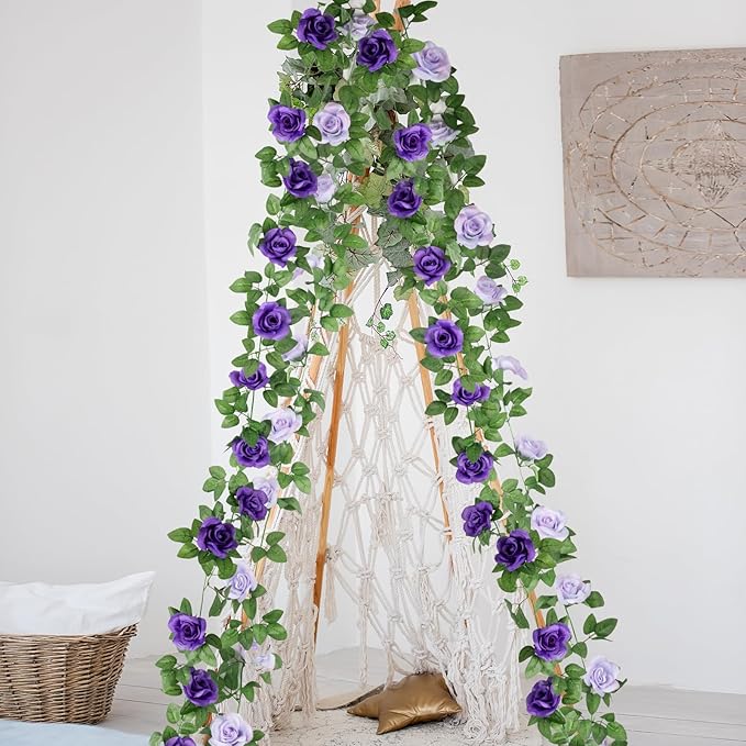 2 Pack 16FT Artificial Rose Garland - Dual Tone Light/Dark Purple Silk Flower Vines for Wedding Arch, Mother's Day, Home Office Décor (32 Roses)