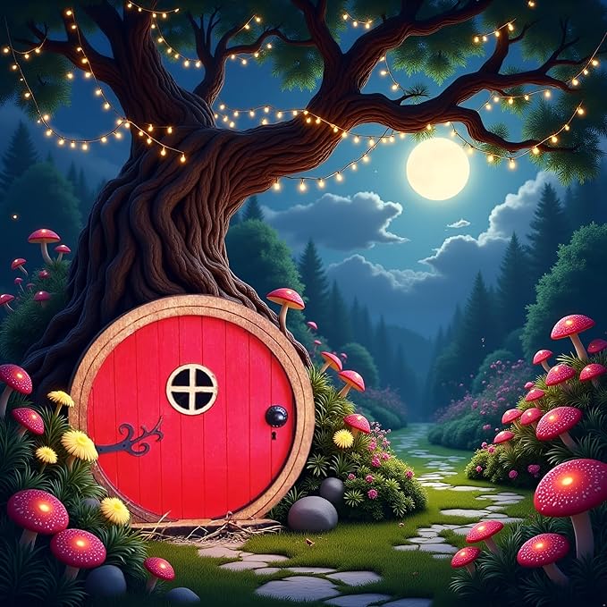 Red Fairy Garden Door for Tree, Fairy Doors for Trees Outdoor & Tree Trunk, Mini Fairy Garden Sculpture Lawn Ornament Decor, Fairytale Tiny House Doors Mini Gift, Fairytales Door Decoration