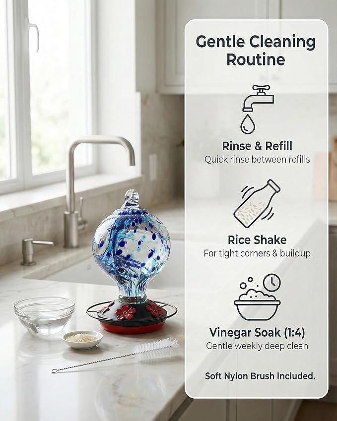 Hummingbird Feeder for Outdoors Hanging, 34 Oz, Handcrafted Gift Inner Glass Décor for Bird Garden Lover, Ant Moat & Bee-Resistant Ports, Hook & Brush Included, Ocean Blue