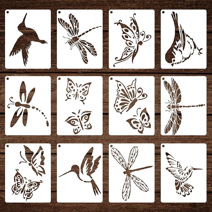 12pcs Hummingbird Butterfly Dragonfly Stencils Template, 5.5 inch Reusable Plastic Stencils for Painting on Wood Canvas Walls DIY Crafts Nature Spring Template Home Decor