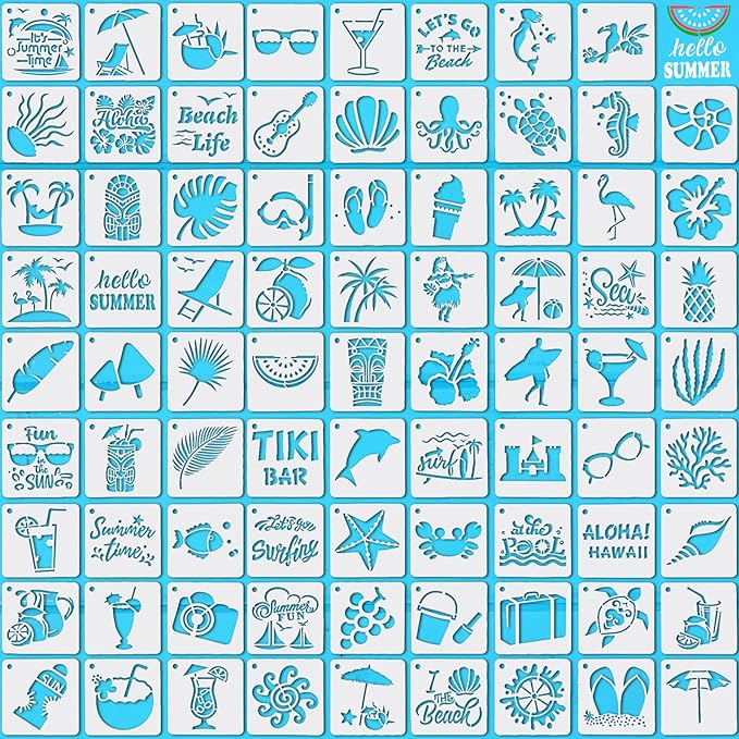 80 Pieces 3 x 3 Inch Summer Hawaii Themed Reusable Plastic Art Craft Kits for DIY Painting Art Projects Wood Wall Floor Fabric Furniture Tile Holiday Stencils Decorations Beach Stencils Craft Kits