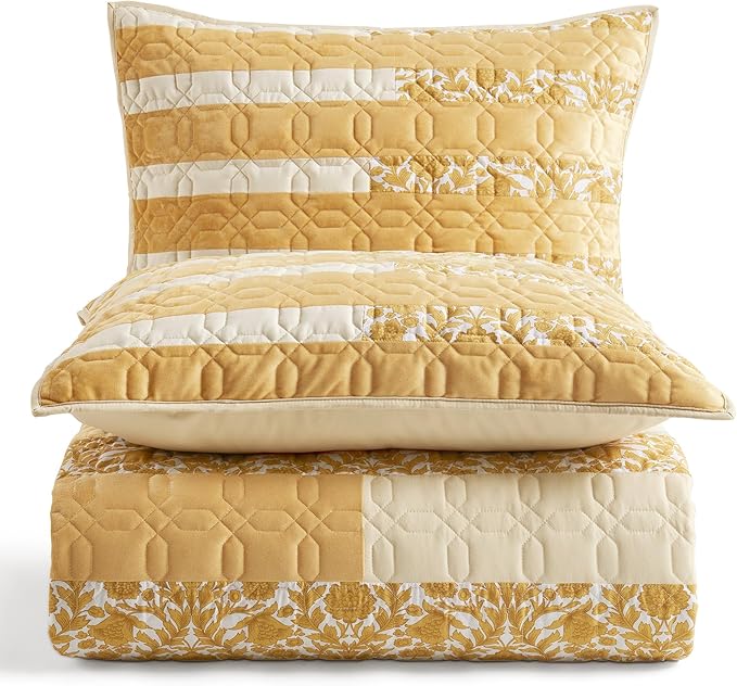 Wonderful Patchwork Quilt Set Queen Size Stitch Bedding Piano Key Design Floral Coverlet Cotton Blend Farmhouse Bedspread Ginger