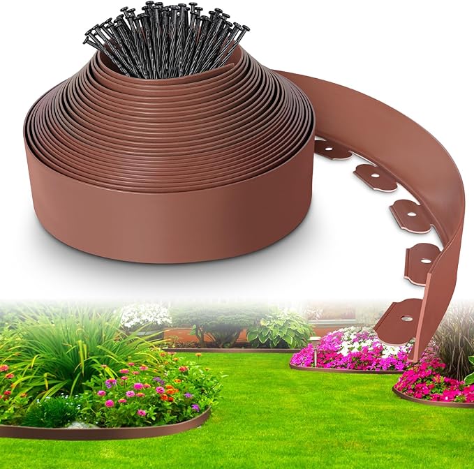 4-Inch x 33 FT Landscape Edging Border with 50 Spikes, Garden Edging Lawn Border Kit, Plastic Edging Border Flexible for Garden Flower Beds Lawn Yard Pathway (Brown)