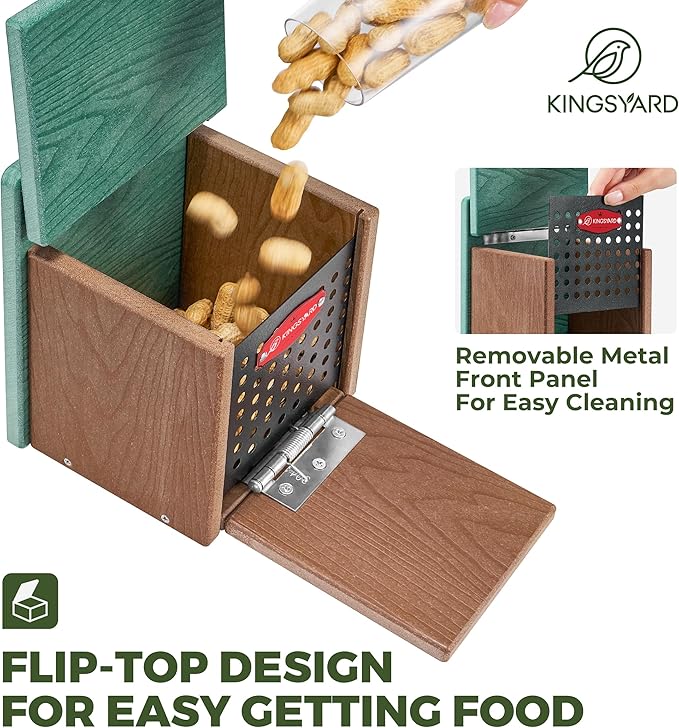 Kingsyard Squirrel Feeder Box for Outside, Recycled Plastic Squirrel Feeder with Removable Metal Front Panel & Perch, Easy to Fill & Clean, Weather-Proof Roof (Green)