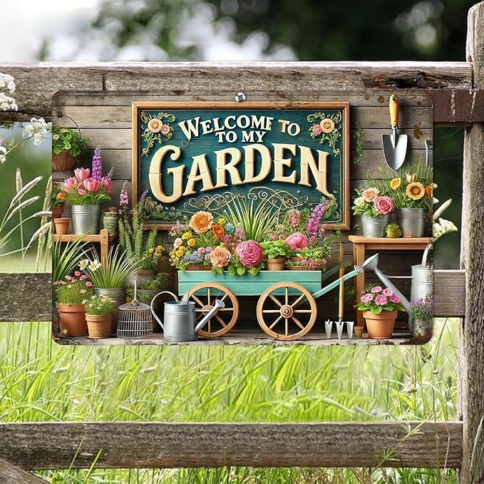 Gardening Gifts Gardening Signs" Welcome To My Garden" Mental Sign Decor for Greenhouse Backyard Vintage Garden Wall Art for Living Room Bedroom Yard Cottage Outdoor Decor, 8x12inch