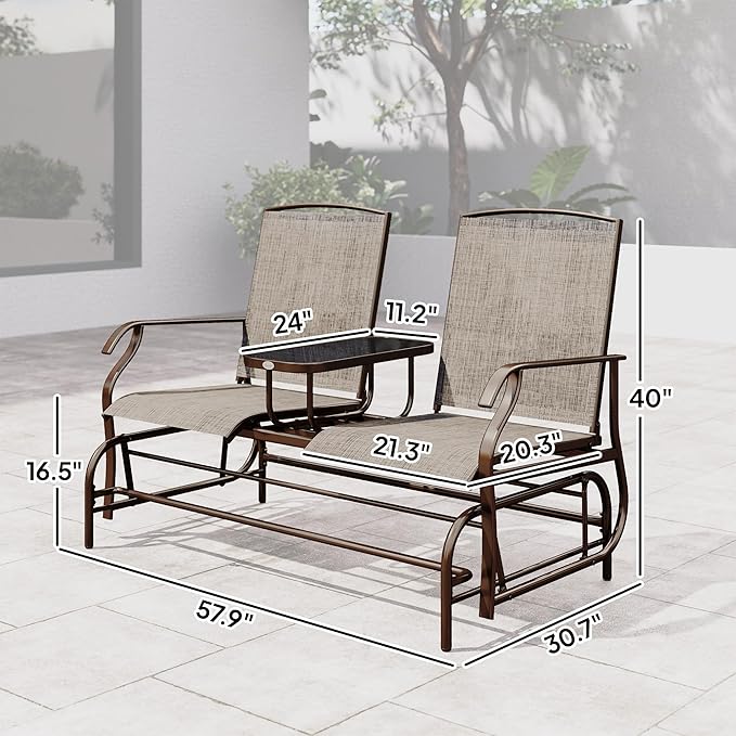 Outsunny Outdoor Glider Bench with Center Table, Metal Frame Patio Loveseat with Breathable Mesh Fabric and Armrests for Backyard Garden Porch, Brown