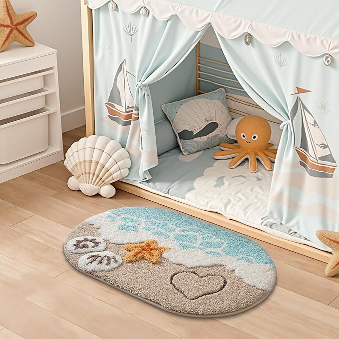 LUMI Soft and Absorbent Beach Bathroom Rug, Non-Slip Backing, Ideal for Bathroom, Kitchen and Entryway Decor, Sea Beach Starfish Shell Bath Decor, Azure Bay, 22"x34"