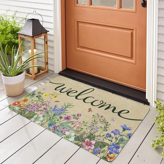 Welcome Floral Decor Doormat, Home Spring Summer Flower Front Door Mats, Indoor Outdoor Non Slip Reusable Entrance Rug 17"x30"