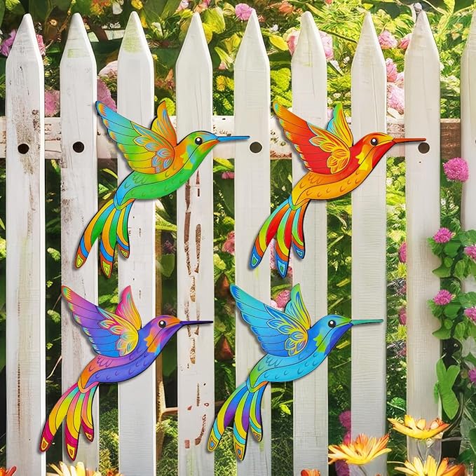 Metal Hummingbird Wall Decor,Outdoor Fence Birds Art Decoration,Hanging Decorations for Garden,Yard,Patio Balcony,Great Gifts for Family Friends(4 Pack)