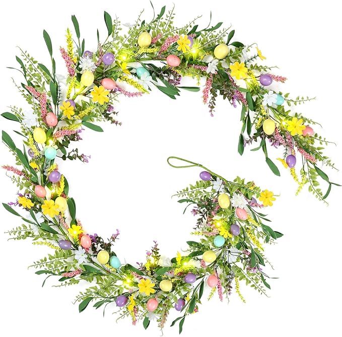 6.5 ft Easter Egg Flower Berry Garlands Decorations Spring Summer Floral Vine Garland Wreaths for Fireplace, Mantle, Table & Indoor Home Decor