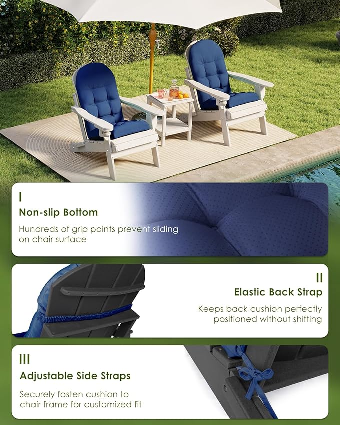 GREENVINES Adirondack-Chair-Cushions-Set-of-4 | Polyester | Waterproof | Outdoor High Back Rocking Chairs Cushion | Seat with Ties | Non-Slip | Thickened Pad for Patio | 44.5" x 17.3" x 4.1" | Blue