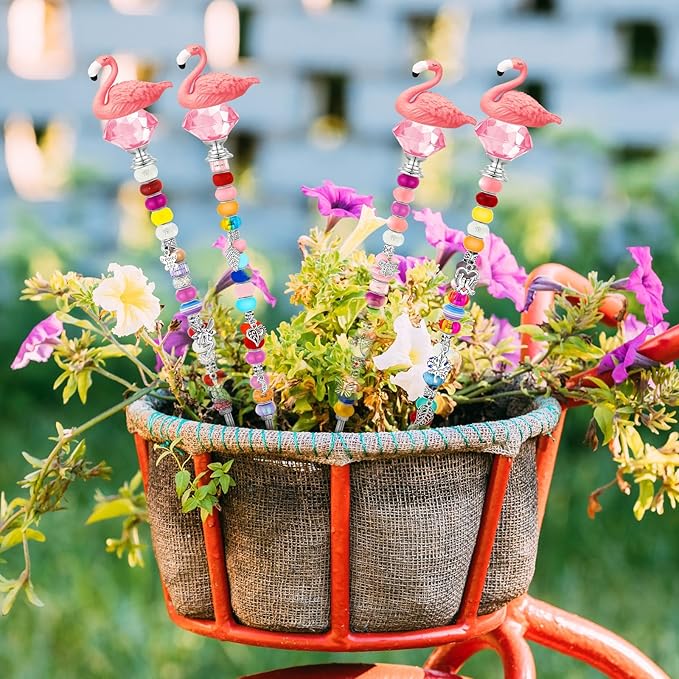Lineshading 95 Pcs Flamingo Decorative DIY Beaded Garden Stakes Kit Fairy Wand Garden Stake Beads Kits for Plant Stakes Toppers Jeweled Ornament DIY Craft Supplies