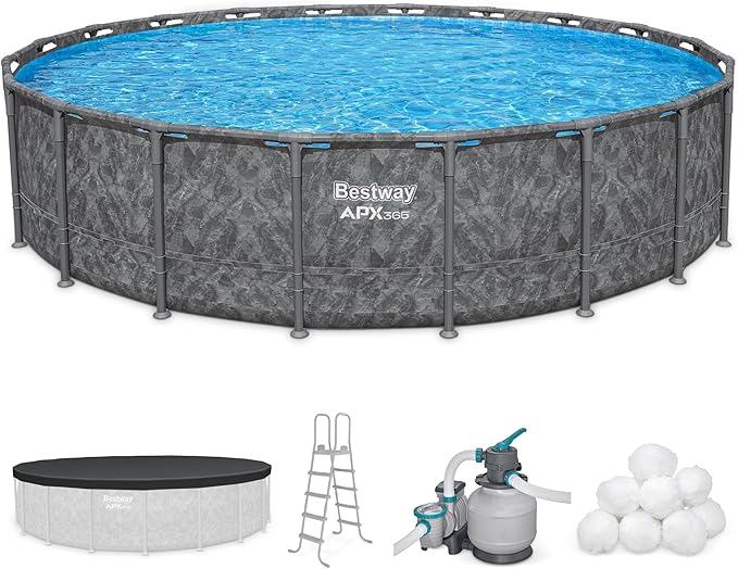 Bestway APX 365 20' x 52" Above Ground Pool, Round Metal Frame Outdoor Swimming Pool Set with Sand Filter Pump, Ladder, and Cover, Dark Marble