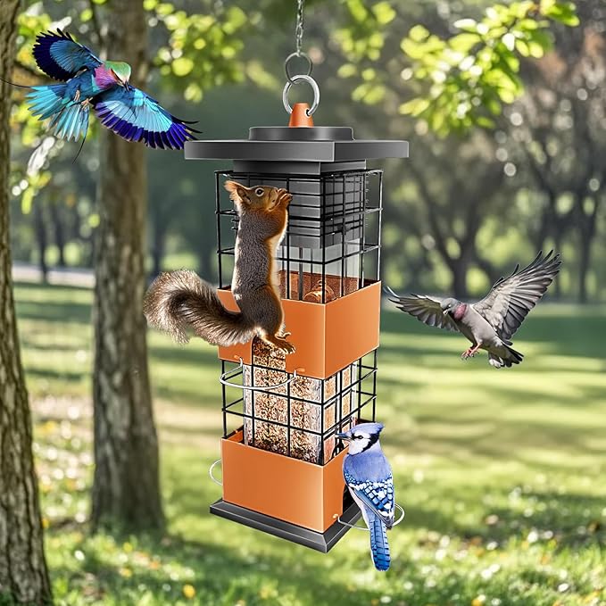 Squirrel Proof Bird Feeder,3Lbs Metal Birdfeeders Squirrel Proof with 4 Feeding Ports for Outside, Birds Seed Feeder for Outdoors, Cardinal, Finch, Sparrow (Brown)