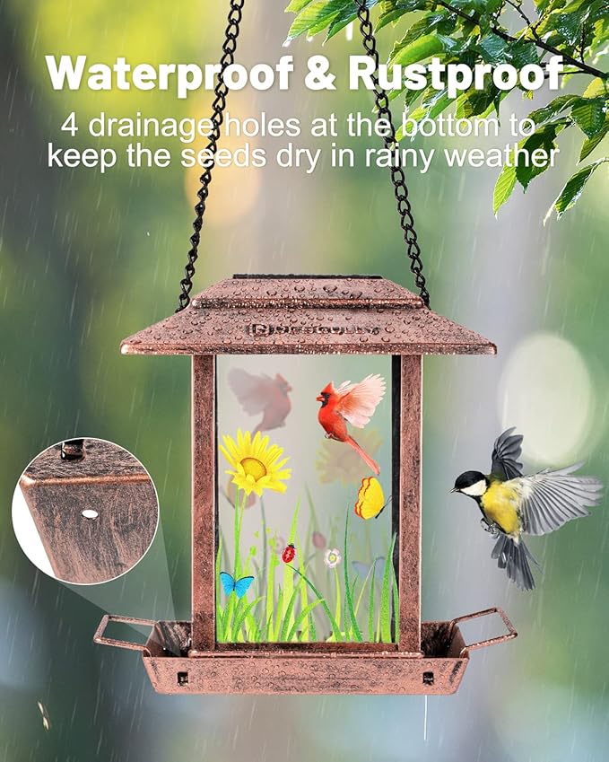 Solar Bird Feeders for Outdoors - 2.5 LBs Metal Wild Large & Small Bird Feeder for Outside Hanging, Gift Ideas for Avian Enthusiast Garden Yard Seeds (Chew-Proof, Weather Resistance)