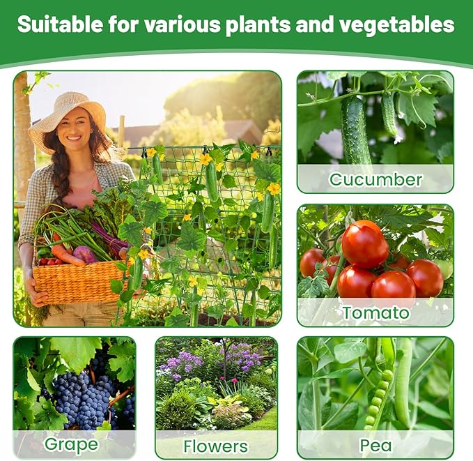 Cucumber Trellis for Raised Bed, 48" x 48" A-Frame PE-Coated Metal Trellis for Climbing Plants Outdoor, Garden Trellis for Vegetables with Climbing Net and Plant Support Clip for Tomato, Grape