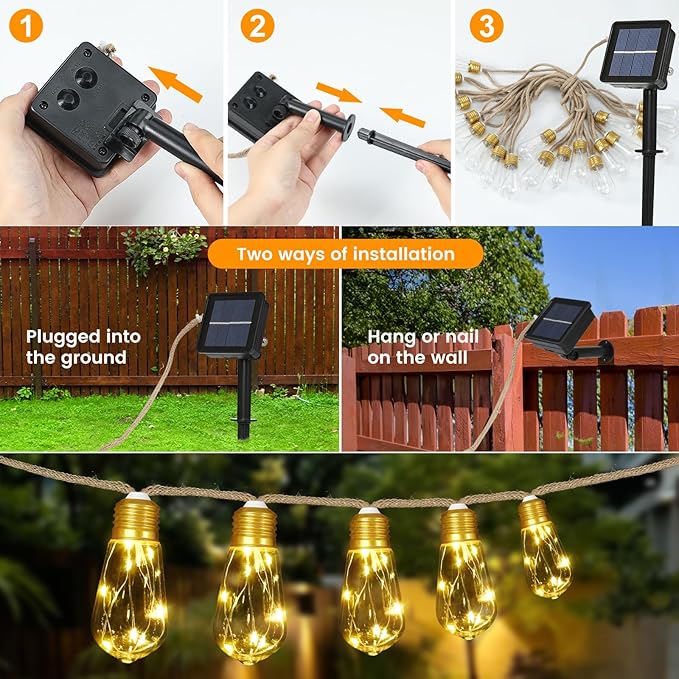 Solar String Lights, 24FT Vintage Rope Hemp Solar Outdoor String Lights with 20 Shatterproof Bulbs, Waterproof 8 Modes Solar Powered Patio Lights for Garden Fence Balcony Camping (Warm White)