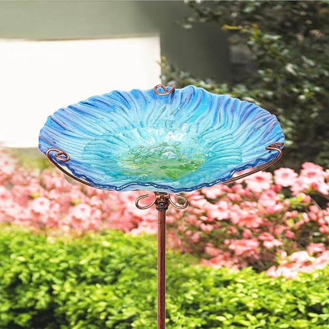 MUMTOP 26 Inch Height Glass Birdbath Birdfeeder with Metal Stake Garden Outdoor Blue