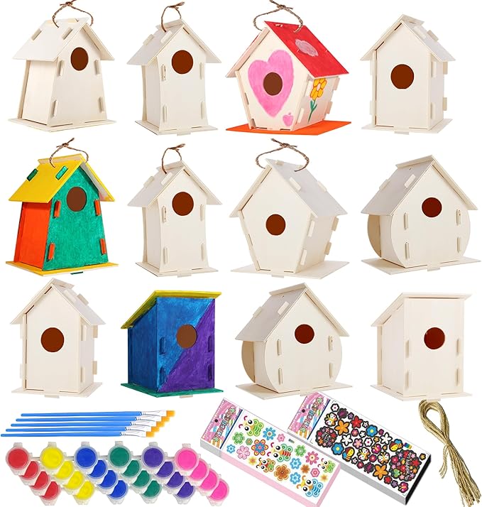 12 Pack Large DIY Bird Houses Kits for Kids, Kids Craft Kits Wood Houses for DIY Crafts Class Party, 12 Birdhouse Kits with 12 Paint Strips & Paintbrushes & Stickers for Children to Build & Paint (12)