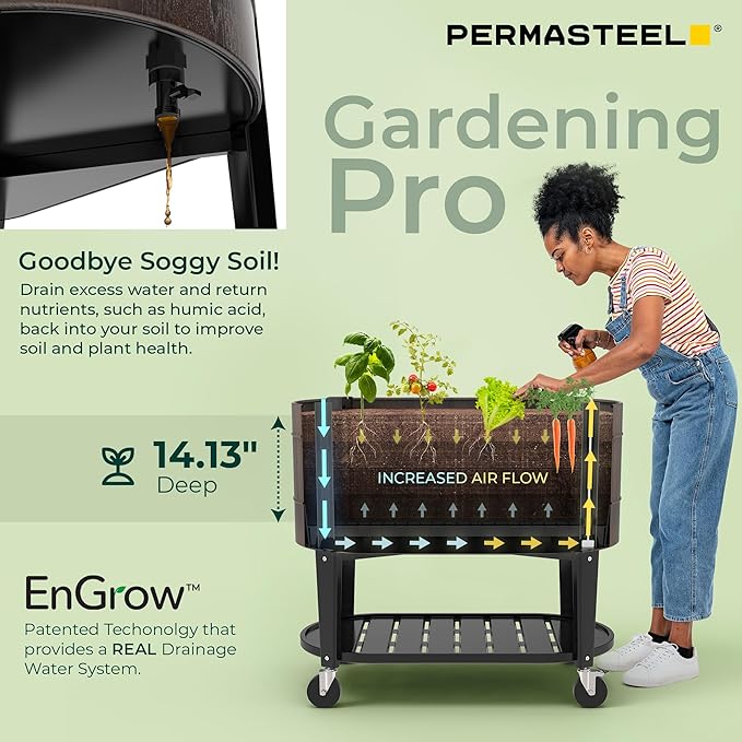 Permasteel Raised Garden Bed with Legs, 40×20×37 in, Planter Box with EnGrow™ TrueSoil™ Technology for Vegetables, Flowers, Herbs, and Fruit, Outdoor Indoor, Storage Shelf, Wood Brown