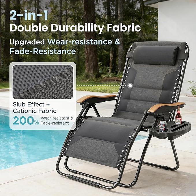 PHI VILLA XXL Oversized Padded Zero Gravity Chair, Foldable Patio Recliner, 30" Wide Seat Anti Gravity Lounger with Cup Holder, Support 400 LBS (Light Gray)