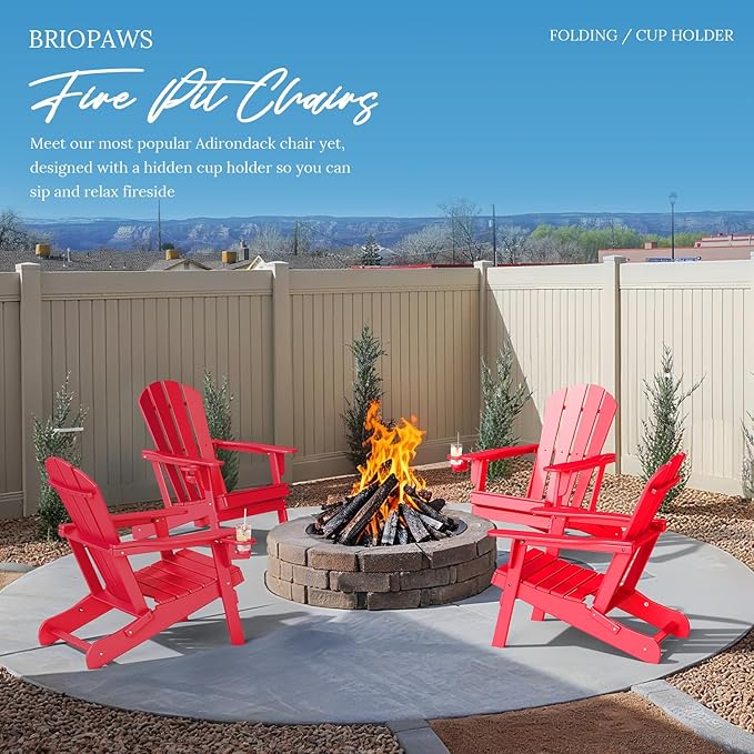 BRIOPAWS Folding-Adirondack-Chairs Set of 6 | HDPE Plastic | Fire Pit Chair | Cup Holder | Curved Back | All Weather| for Outdoor Backyard Deck Patio | Red