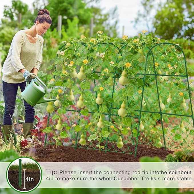 Cucumber Trellis for Raised Bed, U-Shape Garden Trellis for Climbing Plants Outdoor, Adjustable Metal Arch Vegetables Trellis with Climbing Net for Tomato, Bean, Grape, Zucchini