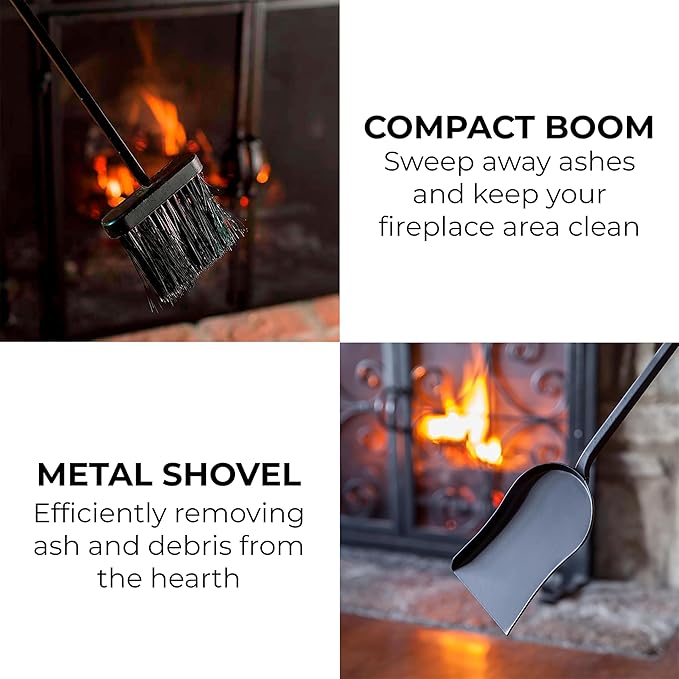 Plow & Hearth 5 Piece Hand Forged Iron Compact Fireplace Tool Set 20" | Black Wrought Iron Handle for Outdoor Indoor | Stand Poker Shovel Brush Log Tongs Wood Stove Accessory
