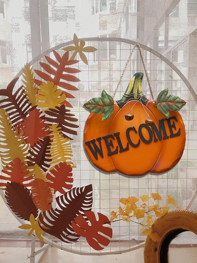 Wood Pumpkin Welcome Sign Fall Front Door Decor, Rustic Hanging Welcome Door Sign for Autumn Harvest Thanksgiving Halloween Door Wall Decoration Indoor Outdoor Fall Decor for Home 9.75"X9.5"