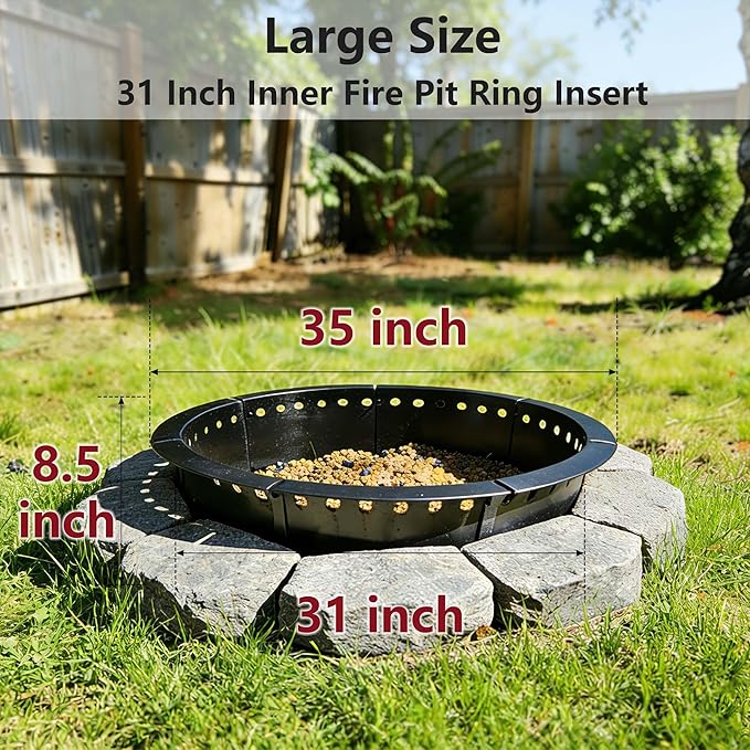 31 Inch Smokeless Fire Pit Ring Insert Outdoor, Heavy Duty Solid Metal Steel Round Firepit Rim Liner for Outside, 35 Inch Outer Diameter DIY Campfire Ring, Above or In-Ground, for Camping Garden Patio