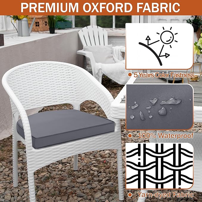 Outdoor Chair Cushions Set of 4 Waterproof Patio Chair Cushions with Tie 5 Year Color Fastness Thick Outdoor Seat Cushion for Garden Lawn Round Corner Dark Grey 17x16 Inch