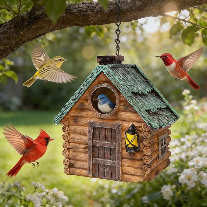 Attivolife Bird Houses for Outside, Wood Bird Nesting Boxes Resin with Hanging Chain, Birdhouses Waterproof Outdoor Decor Bluebird Finches Cardinals for Garden Yard Patio, Birdman Family Friend Gifts