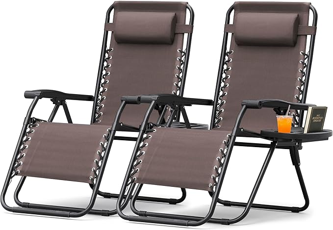Devoko Patio Zero Gravity Chair Outdoor Folding Adjustable Reclining Chairs Pool Side Using Lawn Lounge Chair with Pillow Set of 2 (Brown)