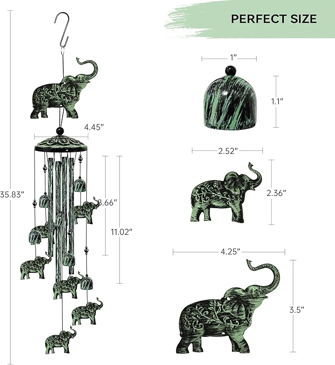 35" Elephant Wind Chimes for Outside, Elephant Wind Chimes Gifts for Mother's Day, Garden Decor for Outdoor Porch Patio Home Yard Decorations