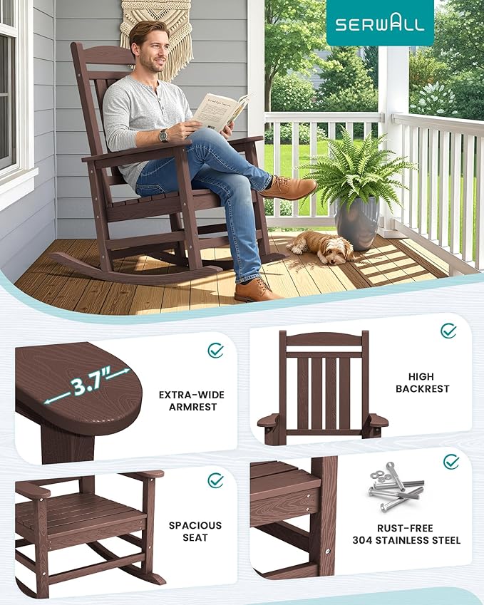 SERWALL HDPE Outdoor Rocking Chair Set of 4, Oversized Patio Rocking Chairs, All-Weather Porch Rockers for Adults, Coffee