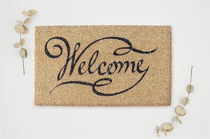 LuxUrux Welcome Mats Outdoor Coco Coir Doormat, with Heavy-Duty PVC Backing - Natural - Perfect Color/Sizing for Outdoor/Indoor uses. (17 x 30 inch, Welcome Khaki)
