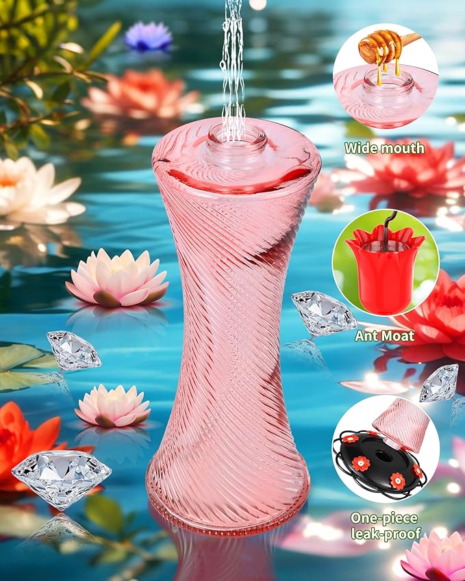 Hanging 20oz Glass Hummingbird Feeder with Moat, Small Outdoor Plastic Bird Feeder, Squirrel Proof, Ants, Outside Water Dispenser for Garden (Pink Glass Bird Feeder-2)