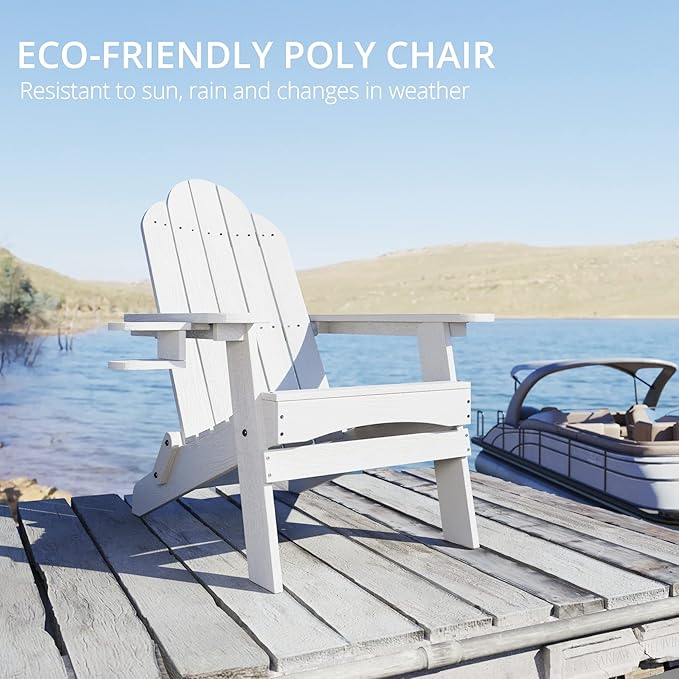LUE BONA Folding Adirondack Chair Set of 4, White HDPS Weather Resistant Outdoor Chair with Cup Holder for Garden Patio Pool Deck