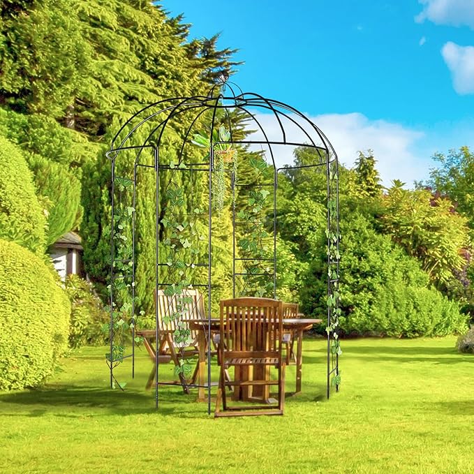 Garden Arbor, 9FT Metal Garden Arch for Climbing Plants Outdoor, Black Gazebo Archway for Lawn, Patio and Backyard, Wedding Arches for Ceremony, Includes Ground Stakes