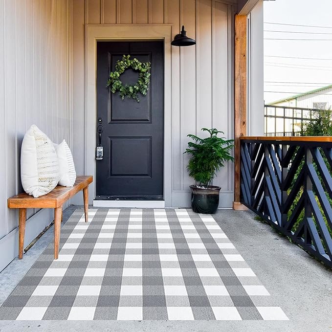 MUBIN Cotton Buffalo Plaid Rug, 4'x 6' Grey and White Outdoor Rug Front Door Decorative Mat, Hand-Woven Foldable Rug for Layered Door Mats Washable Carpet for Front Porch, Entryway, Farmhouse