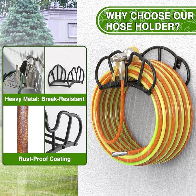 Super Stable Garden Hose Holder Wall Mount, Heavy Duty Water Hose holder Hanger Holds 125-Feet Hose, Metal Hose Storage Reel Rack Organizer for Outside Yard Lawn