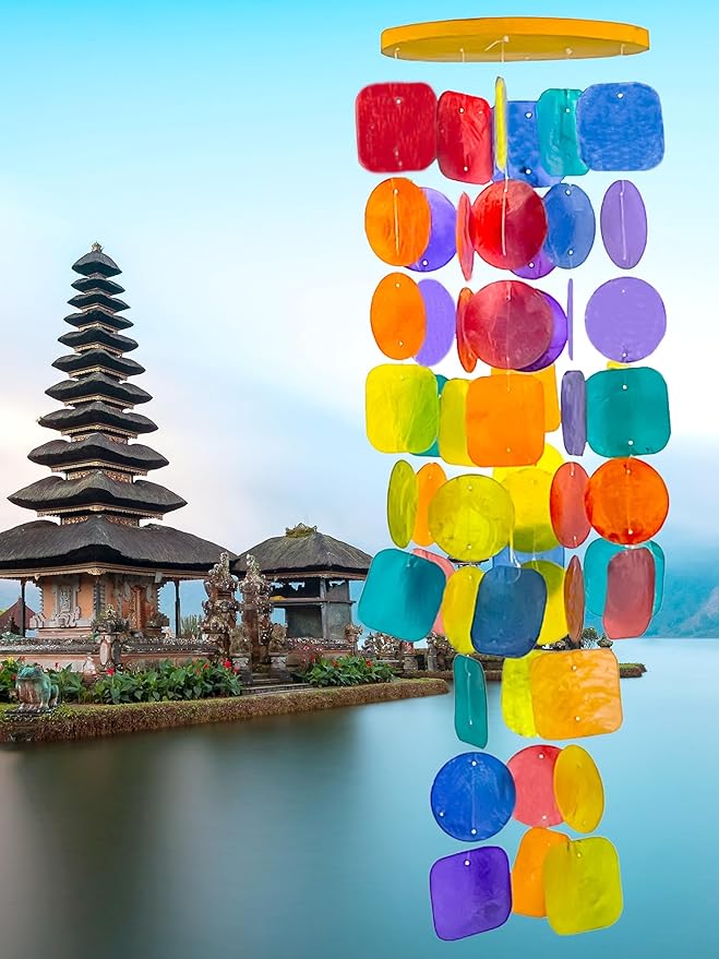 Bellaa Handmade Wind Chimes Outdoor, Musical, Garden Decorations, Outside Windchimes, Beach, Ocean, Breeze, Gifts for Mom, Capiz Sea Glass Shells Wood Rainbow
