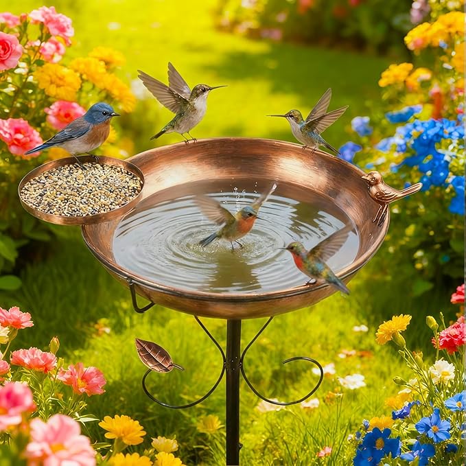 35" Tall Metal Bird Bath for Outdoors with Small Bird Feeder Bowl, 2" Deep 12" Dia Removable Bird Baths for Easy to Clean and Refill, Upgraded 7-Prong Base for Garden, Yard & Lawn (Copper)