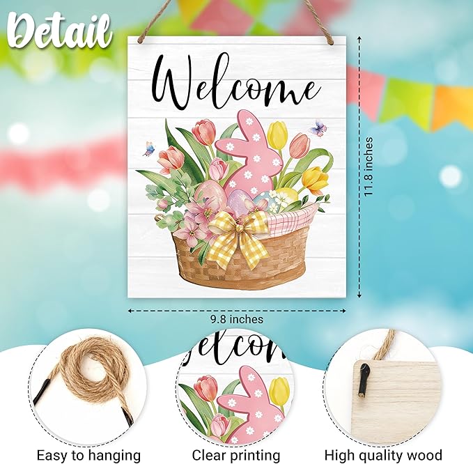 Easter Welcome Sign for Front Door, Welcome Easter Door Sign Decor, Tulip Bunny Rectangle Wood Sign Hanger for Outdoor Farmhouse Garden Porch Home - C05
