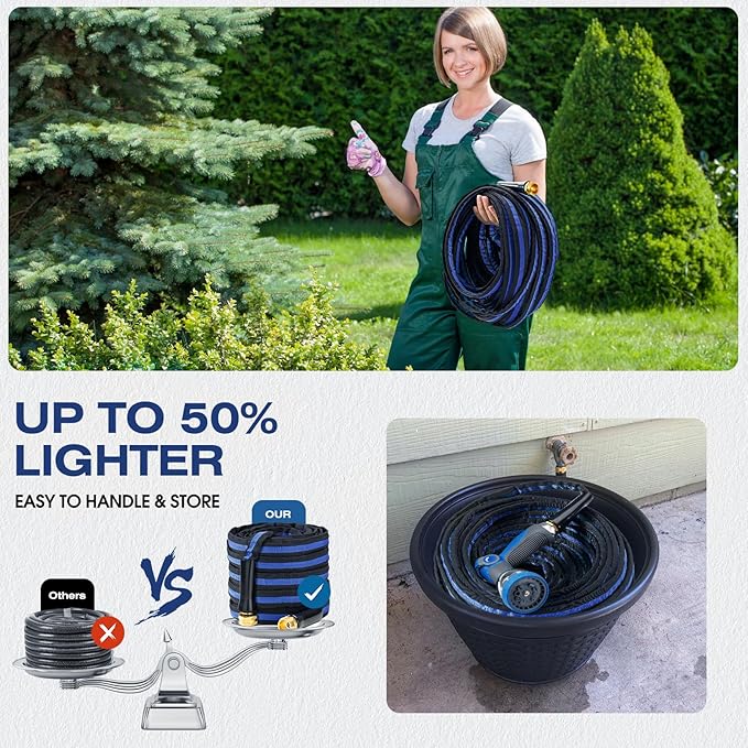 Ultra Lightweight 25FT Garden Hose - Heavy-Duty Kink-Free Flexible Hose, Non-Expanding Design with Aluminum Brass Fittings, Crush-Proof for Yard/Lawn/Outdoor Use(black-blue, 25 FT)