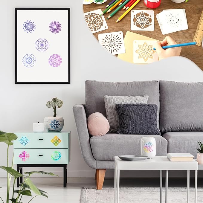 JULMELON 20 PCS Mandala Stencil, 3 Inch Mandala Stencils for Wood, Reusable Plastic Rock Painting Stencils DIY Art Projects Fabric Canvas Wall