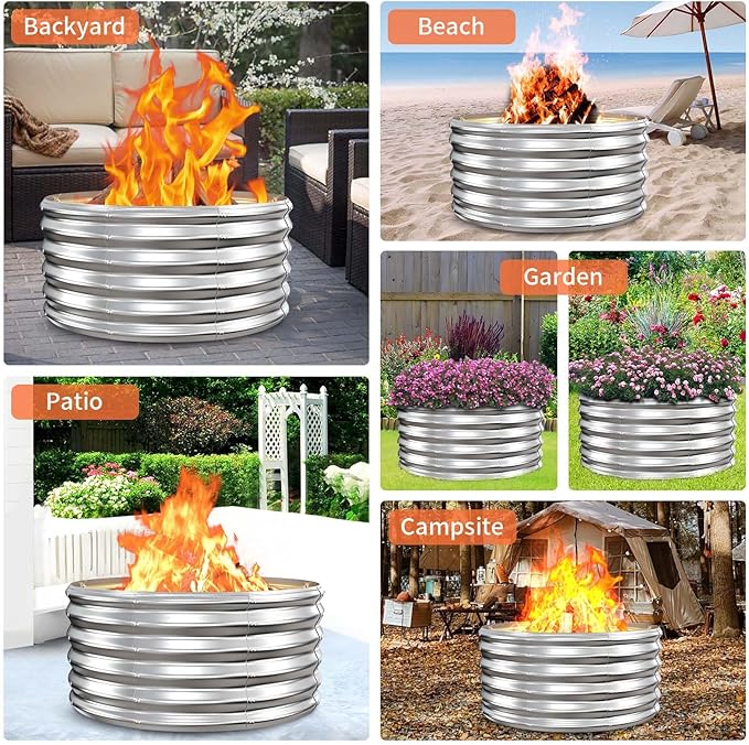 32In Fire Pit Ring, 17'' Tall Heavy Duty Galvanized Steel Wood Burning Fire Pits Insert, DIY In Ground or Above Ground, Outdoor Firepit & Fireplace for Backyard Bonfire, Patio & Camping