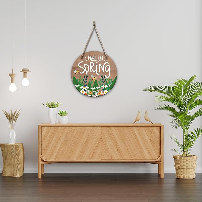 Spring Hanging Decor For Front Door, Daisy Bee Welcome Spring Round Sign Decor For Farmhouse Home Yard Porch, Hello Spring Decorations, Spring Wall Plaque Gifts For Friends Family -05